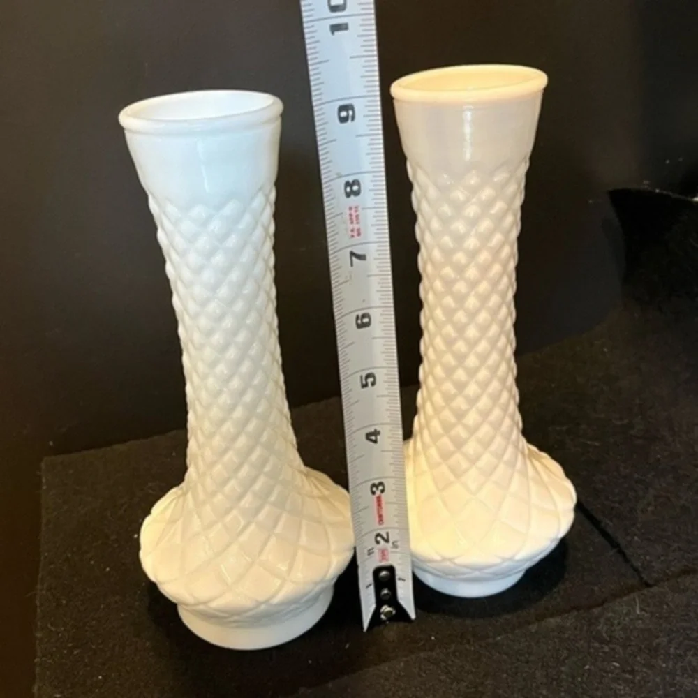 Vintage Diamond Patterned Milk Glass Vases Set of Two